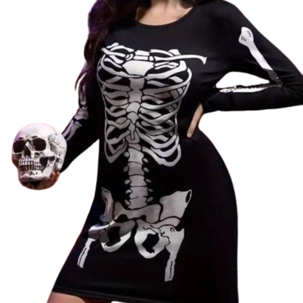💙3/$60💙Halloween Skeleton Long Sleeve Dress Mini Fitted size 14 - Picture 1 of 7